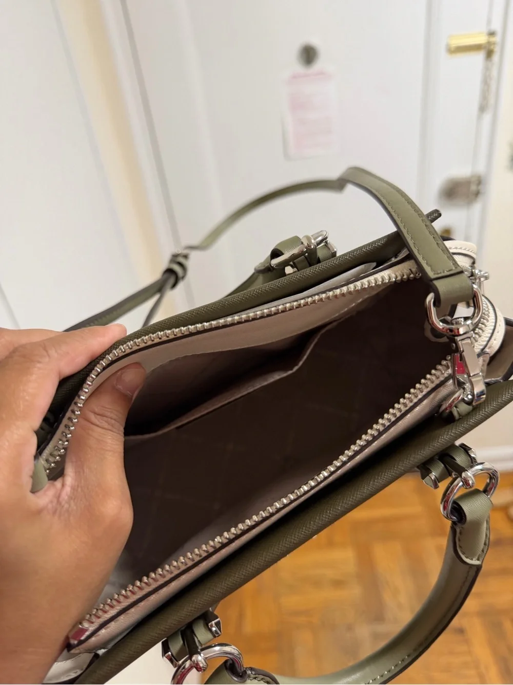 MK Olive Green Two-Tone Women's Satchel with Crossbody Strap